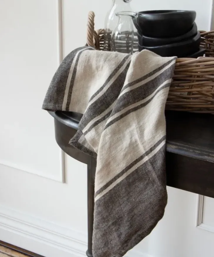 Clearance Twill Tea Towel Charcoal with Natural Stripes Tea Towels